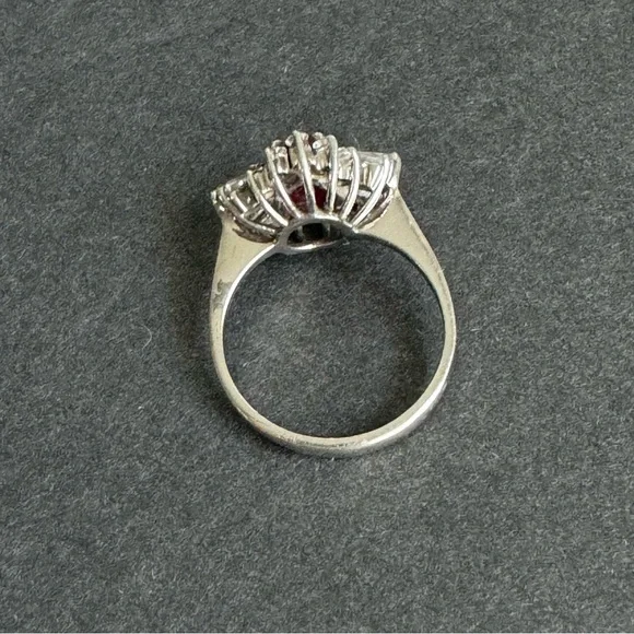 Vintage Faux Ruby Cocktail Ring Sterling Silver Cubic Zirconia Halo Cluster 8